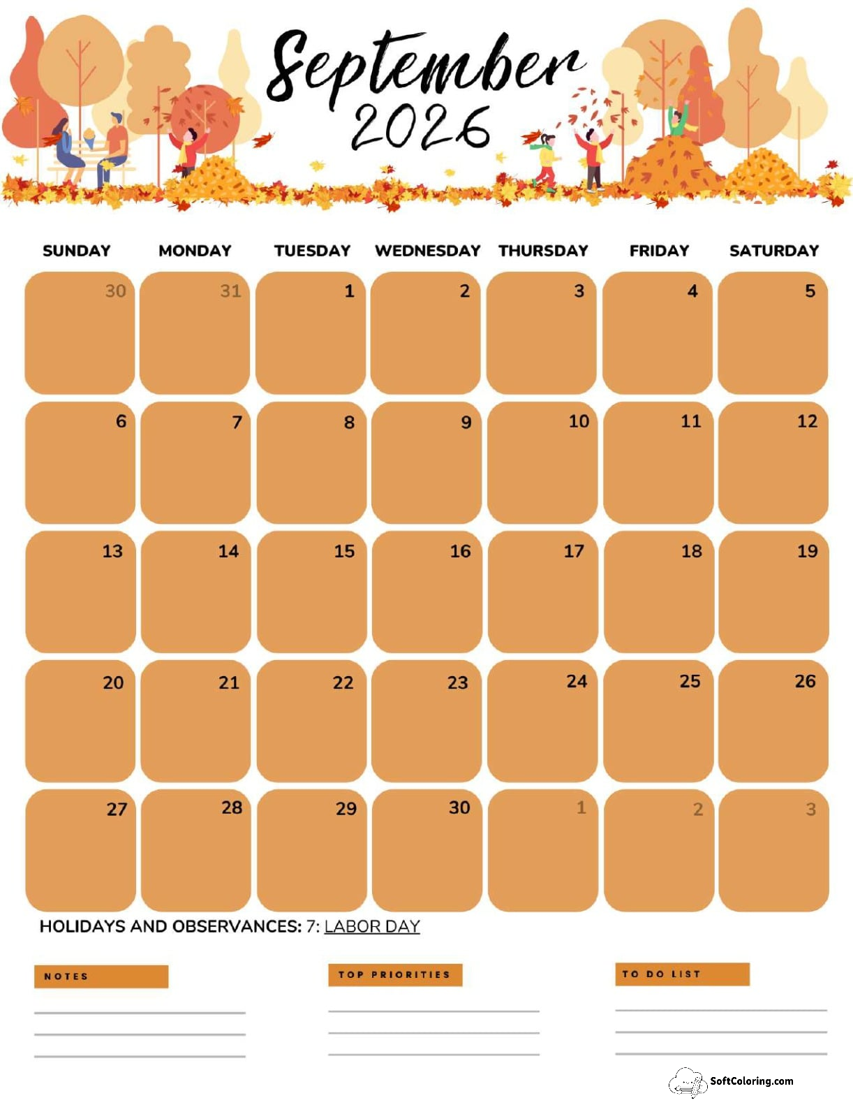 September 2026 Calendar Printable Autumn Portrait V2