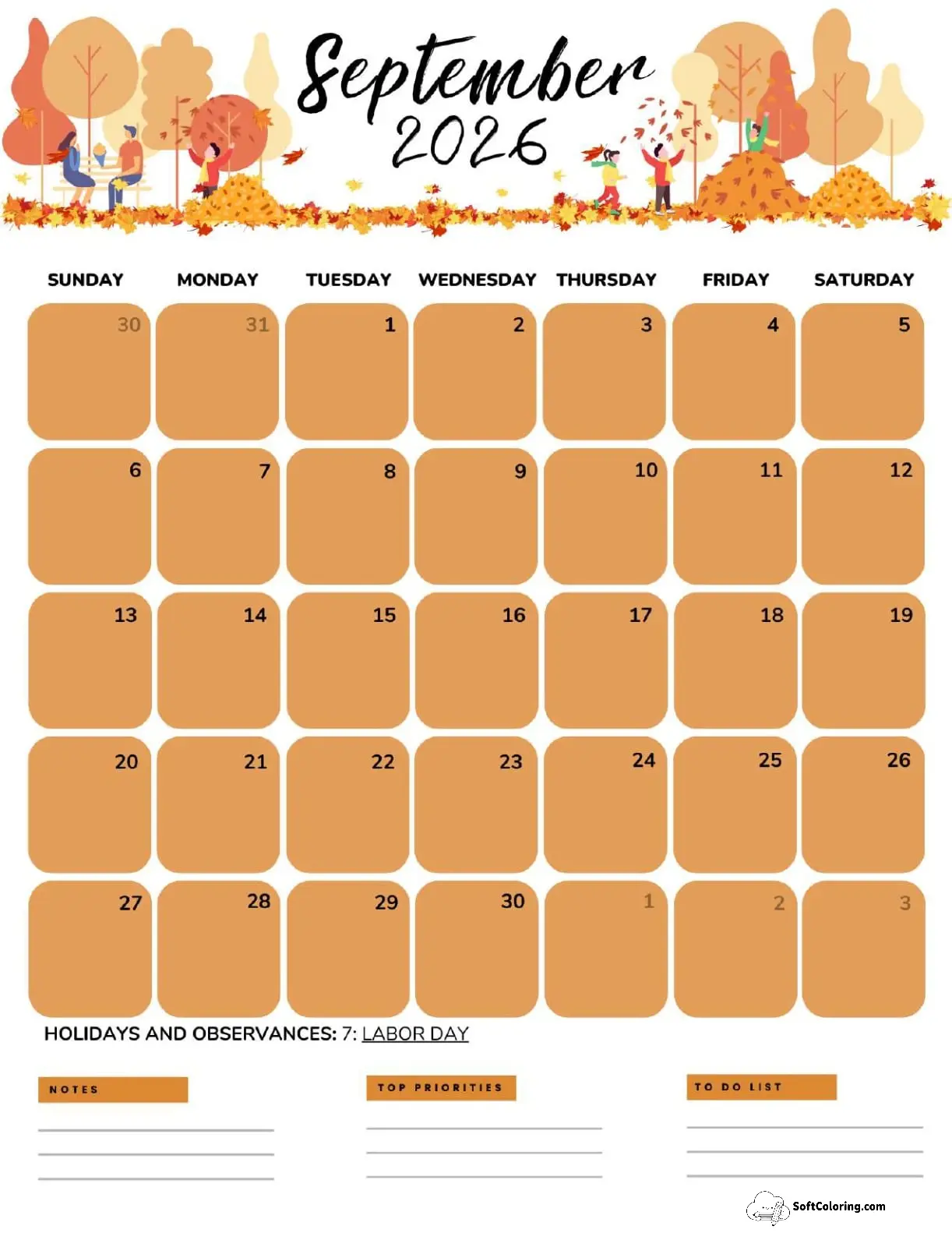 September 2026 Calendar Printable Autumn Portrait V2