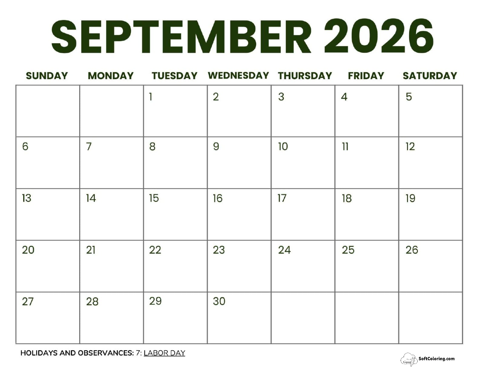 September 2026 Calendar Printable Business 2 Landscape V2