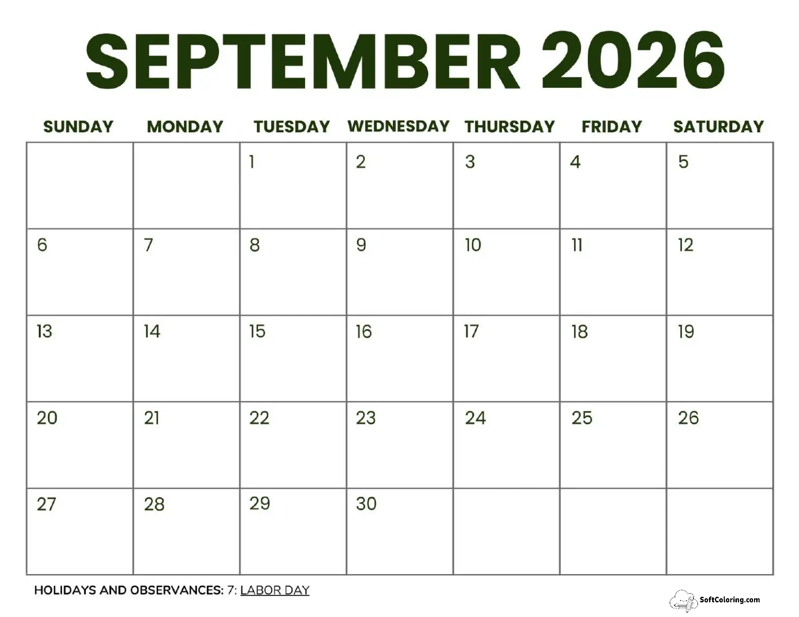 September 2026 Calendar Printable Business 2 Landscape V2
