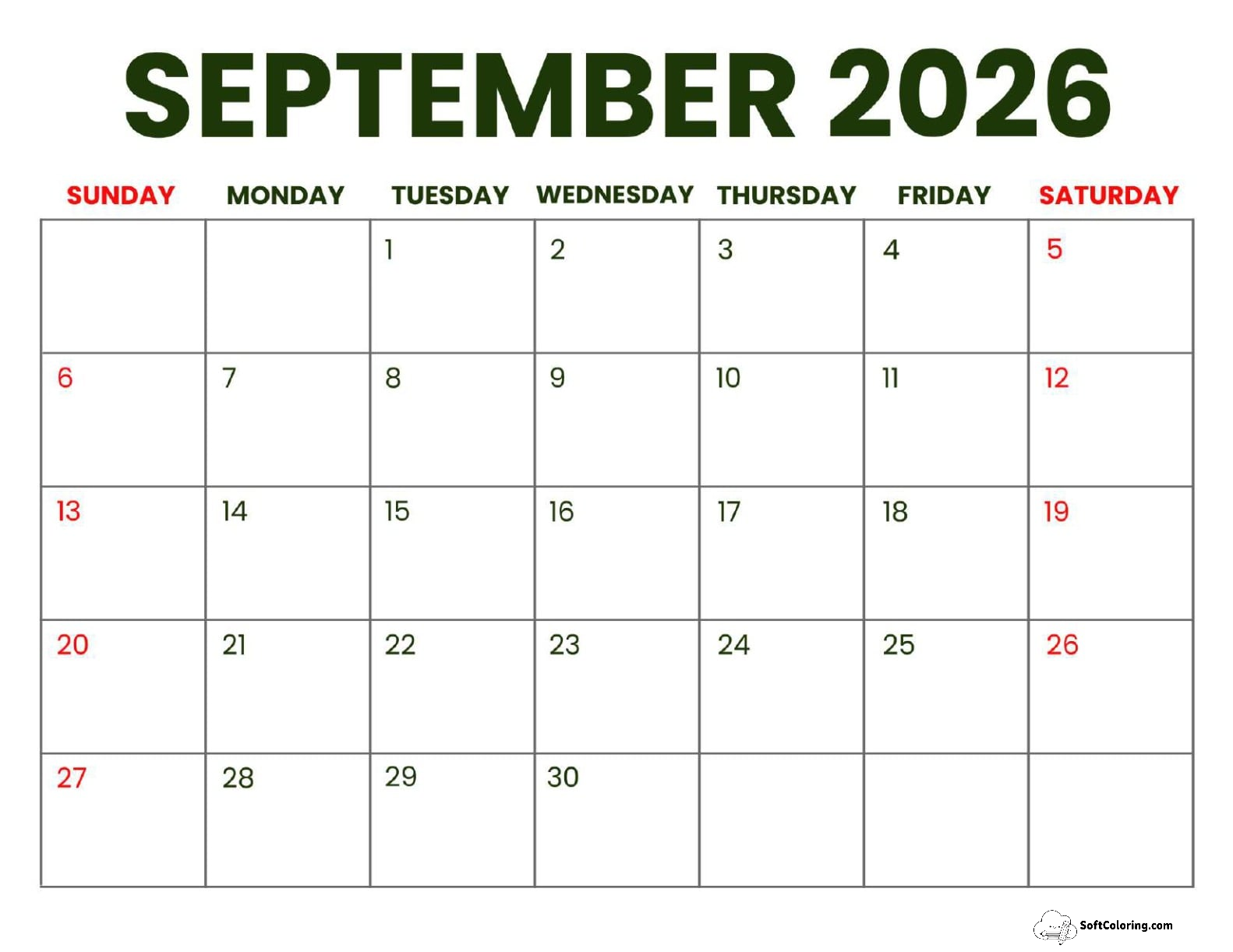 September 2026 Calendar Printable Business Landscape V2