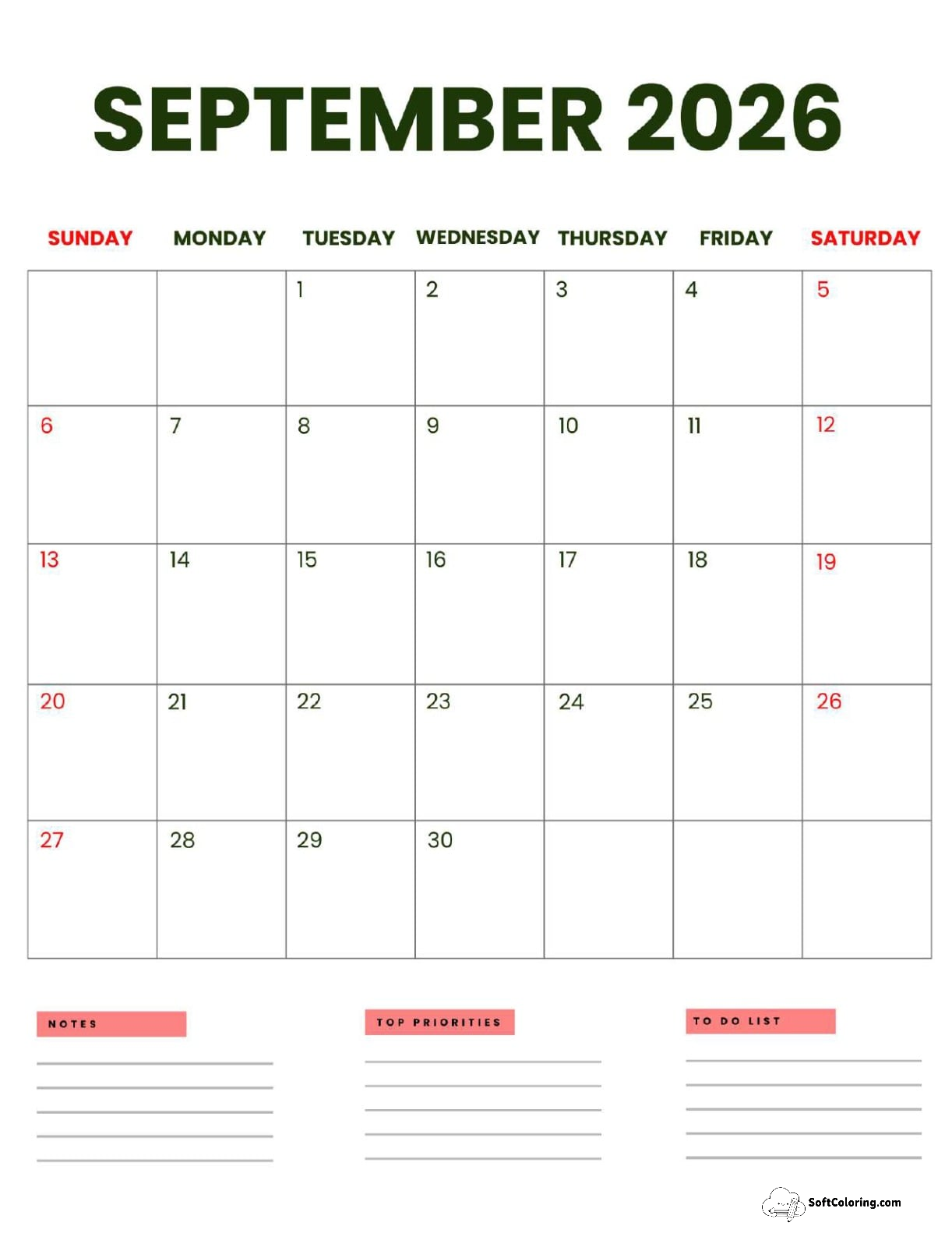 September 2026 Calendar Printable Business Portrait V2