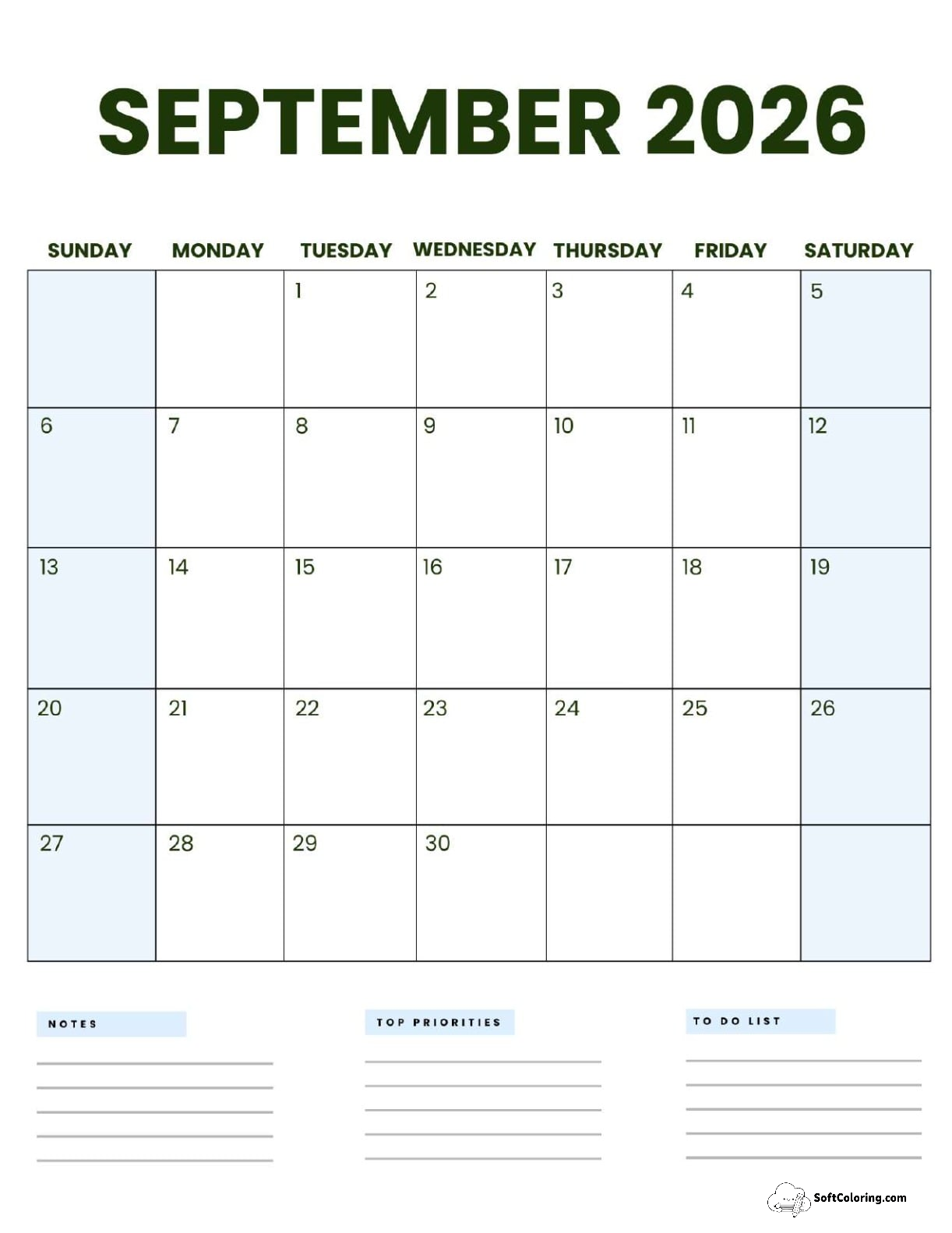 September 2026 Calendar Printable Business3 Portrait V2