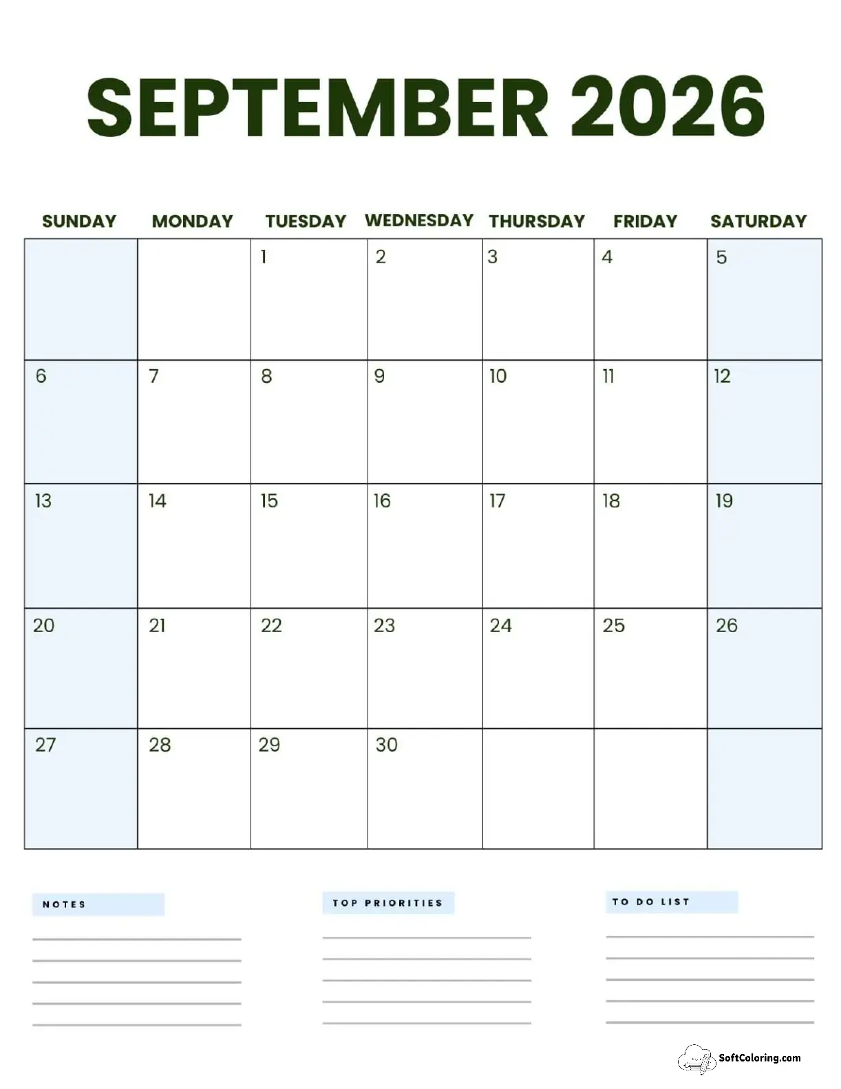 September 2026 Calendar Printable Business3 Portrait V2