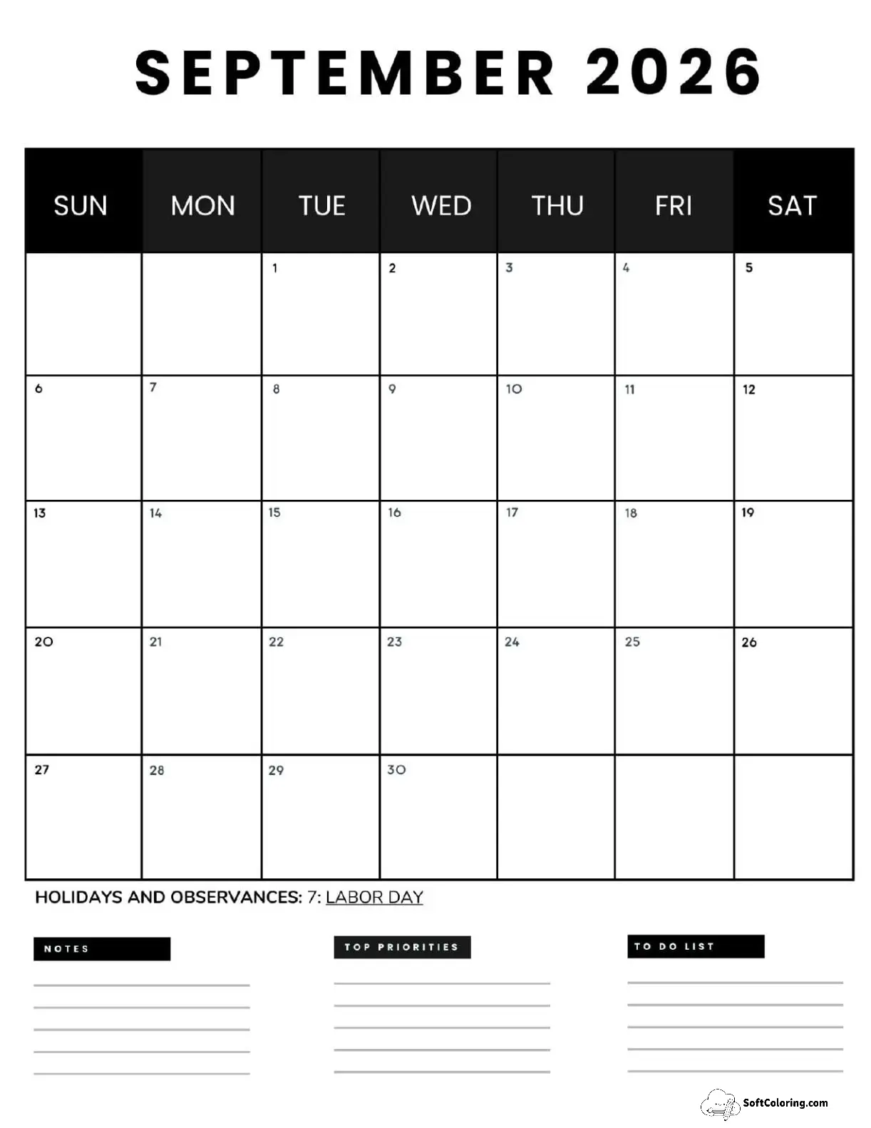 September 2026 Calendar Printable Business4 Portrait V2