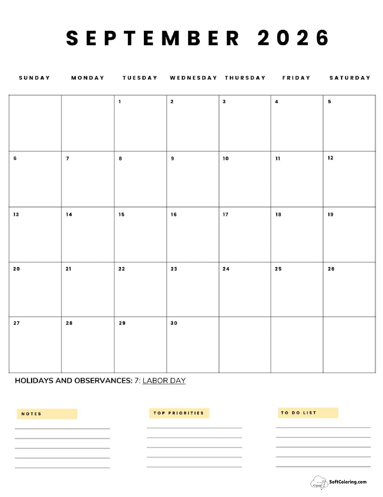 September 2026 Calendar Printable Business5 Portrait V2