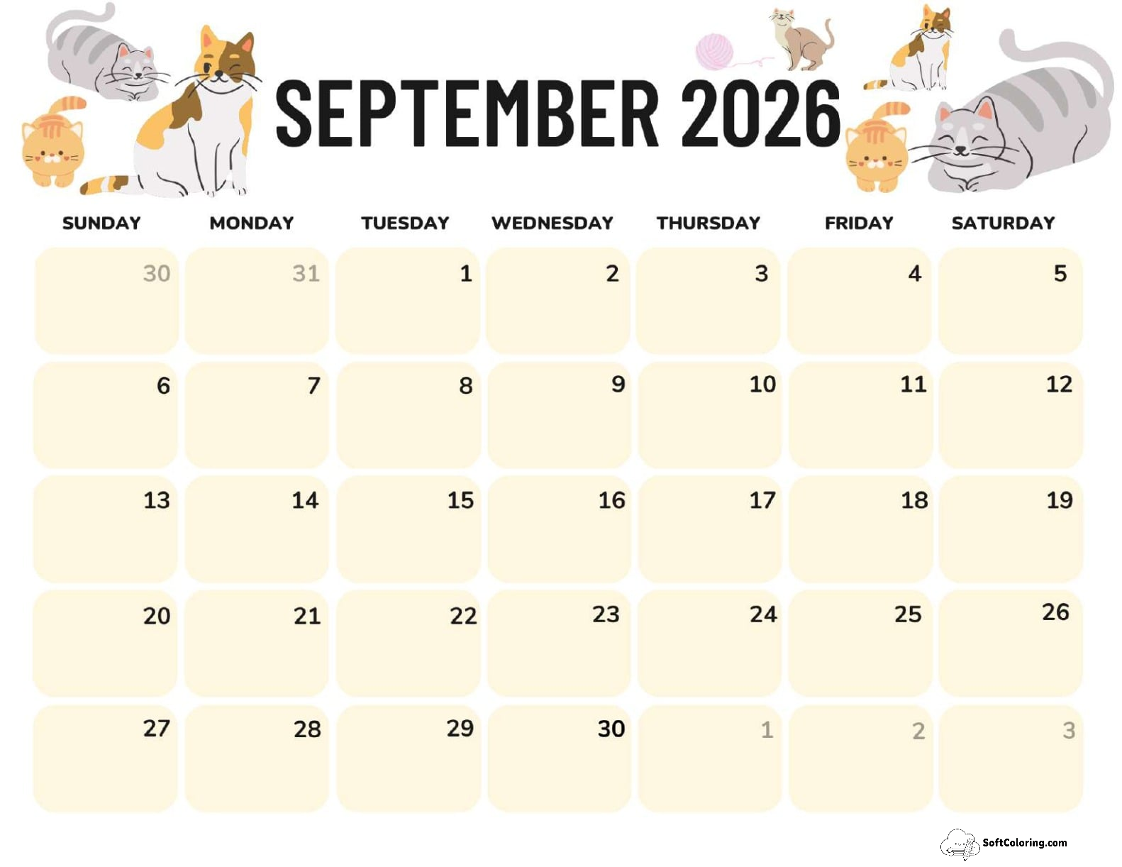 September 2026 Calendar Printable Cats Landscape V2