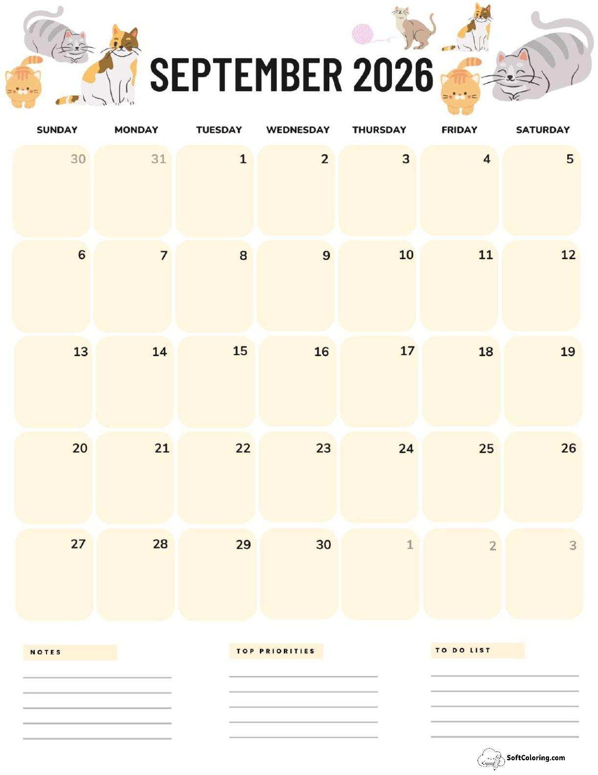 September 2026 Calendar Printable Cats Portrait V2