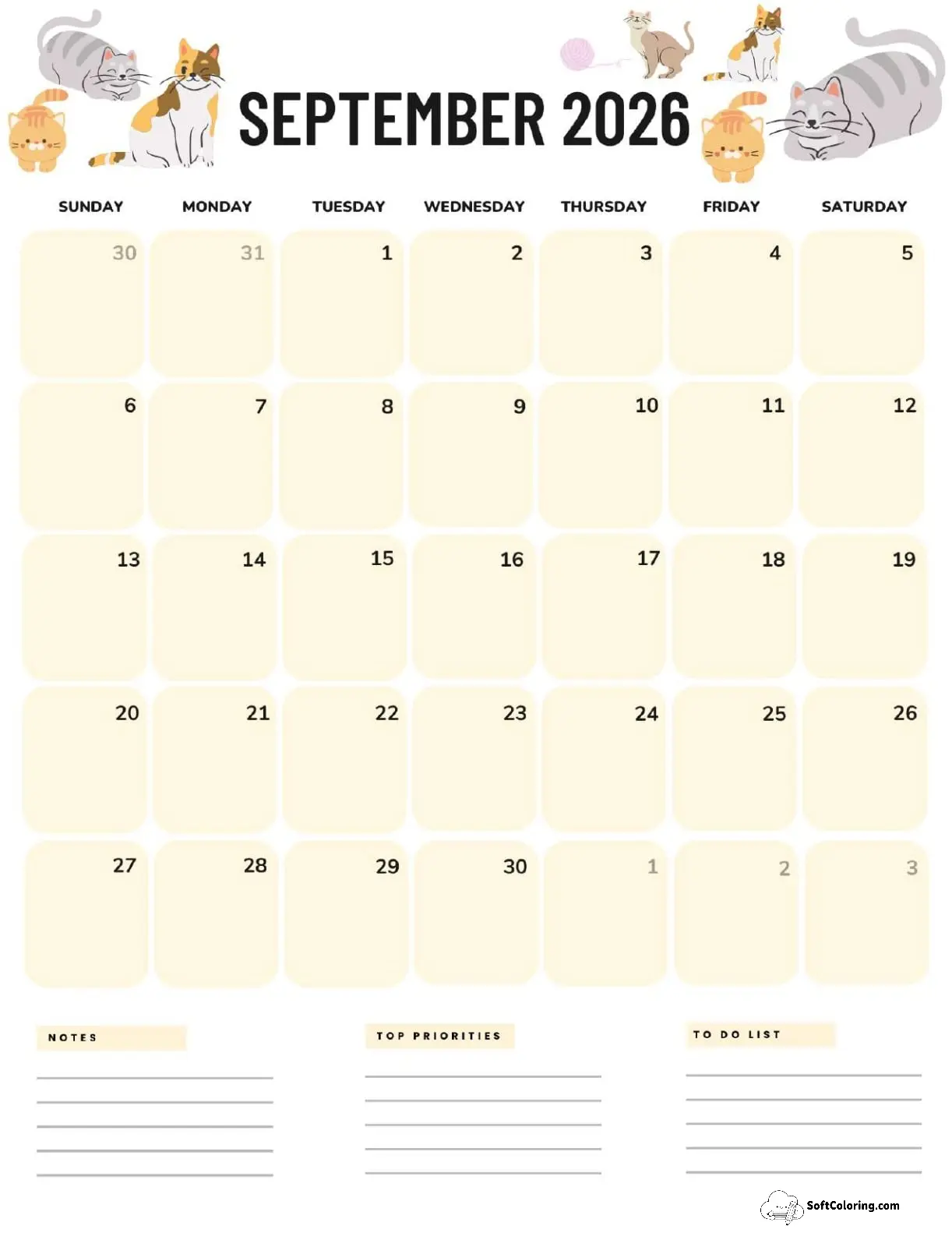 September 2026 Calendar Printable Cats Portrait V2
