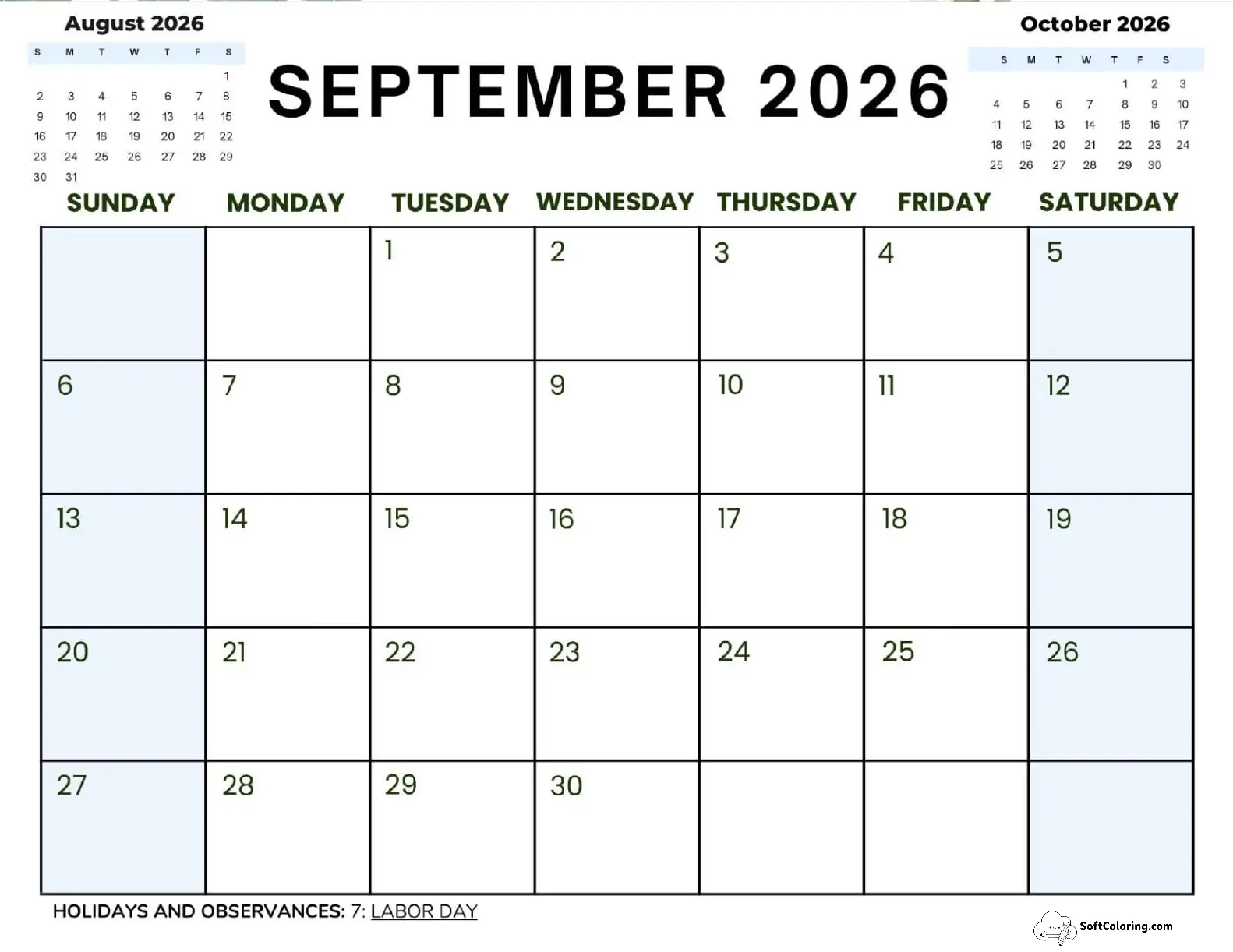 September 2026 Calendar Printable Corporate 2 Landscape V2