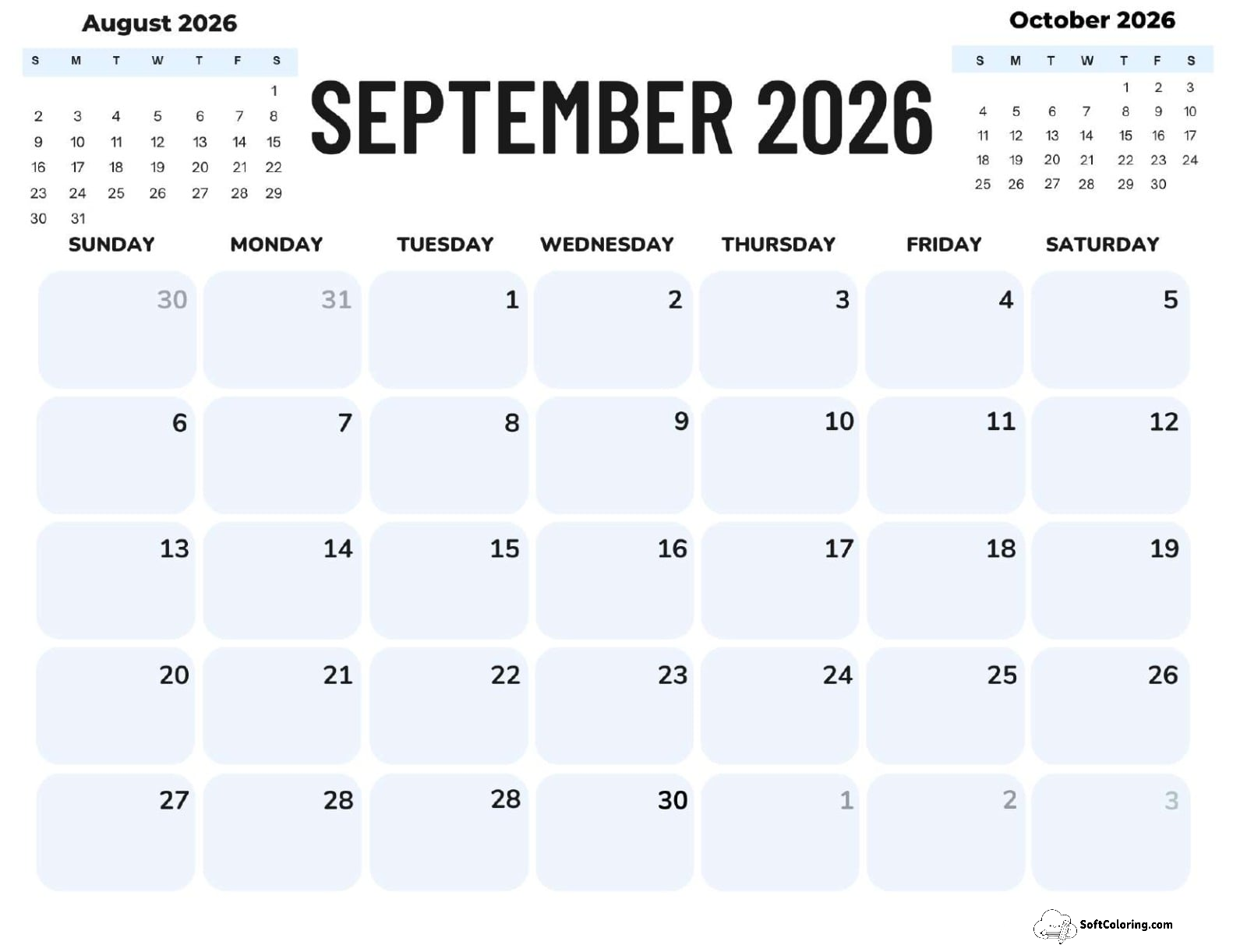 September 2026 Calendar Printable Corporate Landscape V2
