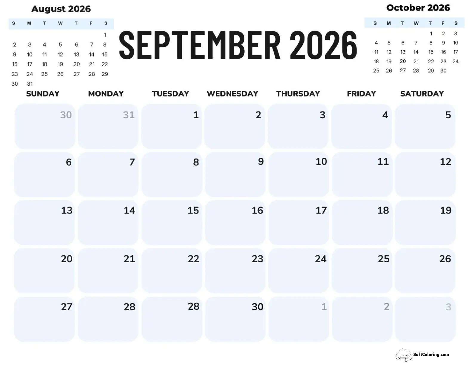 September 2026 Calendar Printable Corporate Landscape V2
