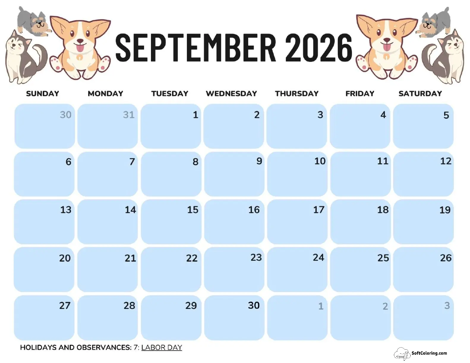 September 2026 Calendar Printable Dogs Landscape V2
