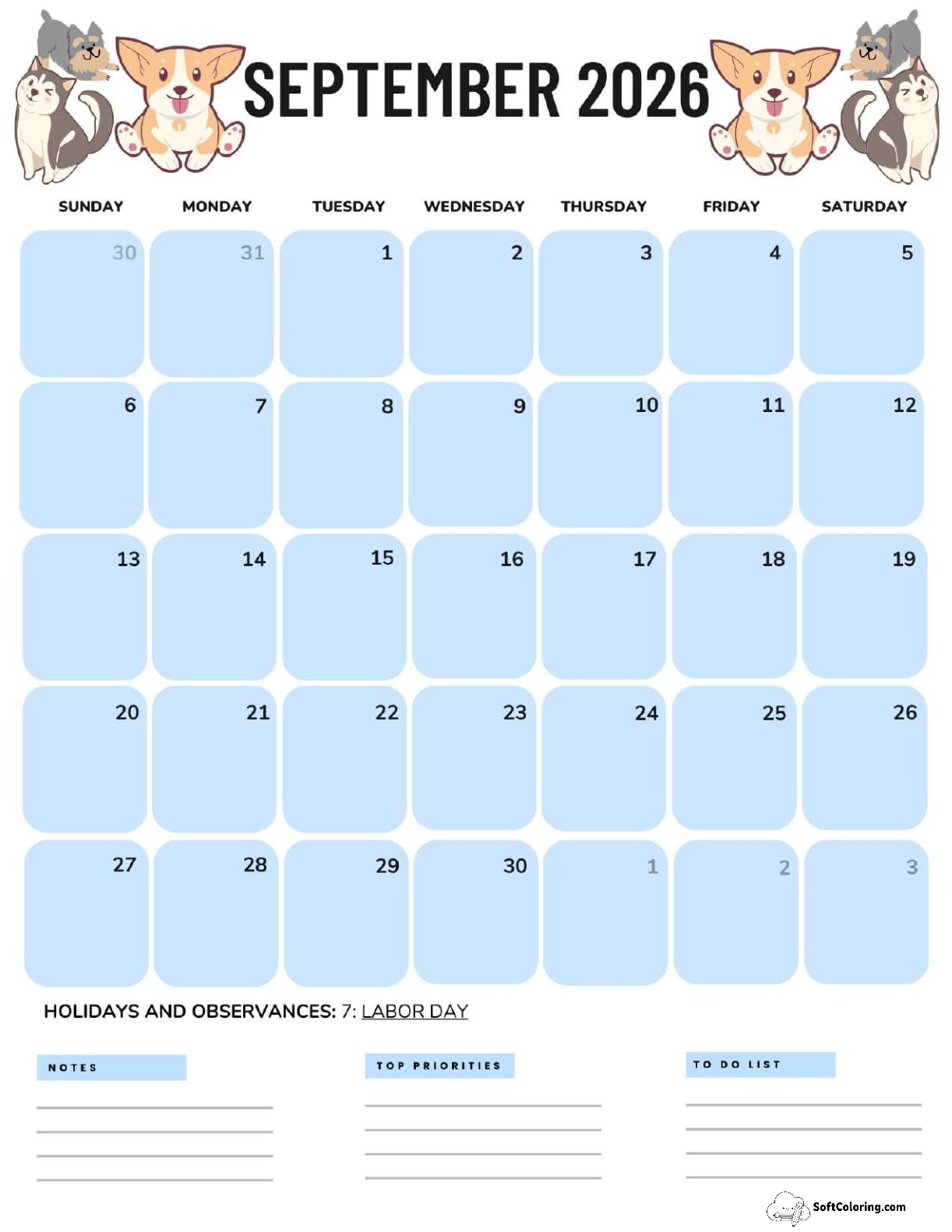 September 2026 Calendar Printable Dogs Portrait V2