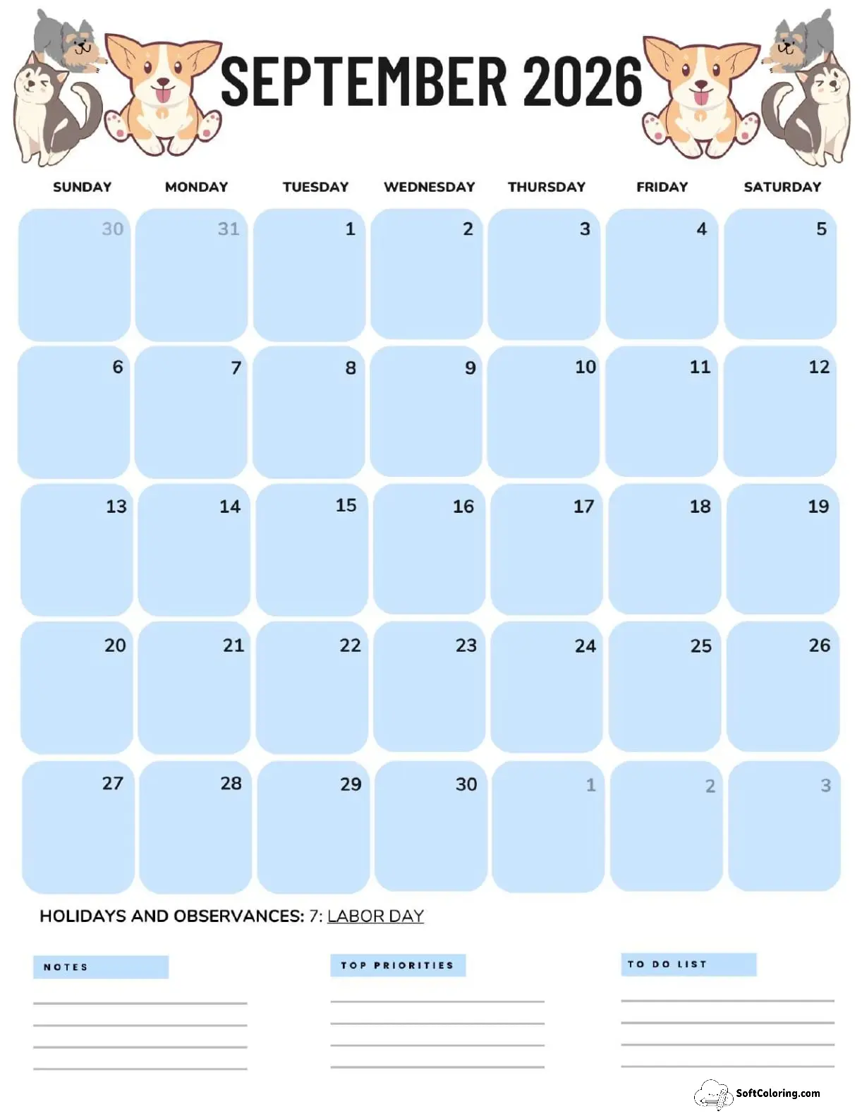 September 2026 Calendar Printable Dogs Portrait V2