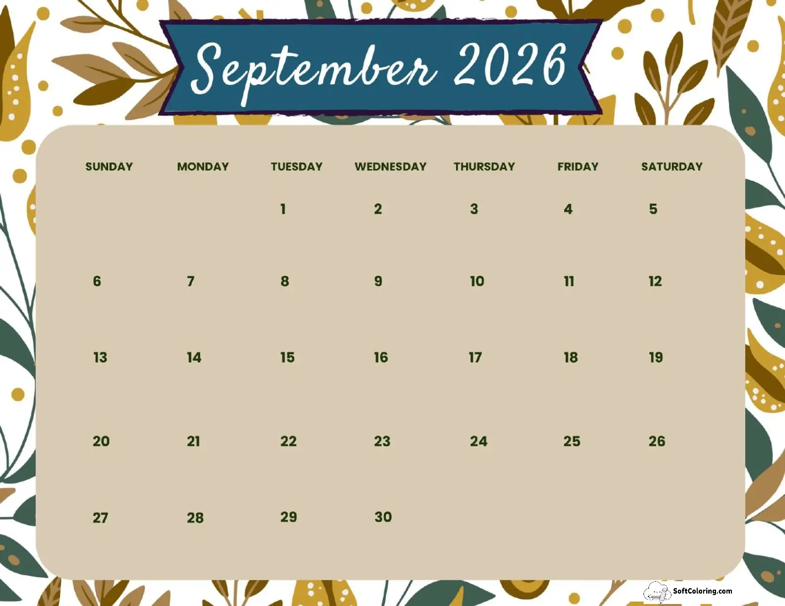 September 2026 Calendar Printable Earthy Landscape V2
