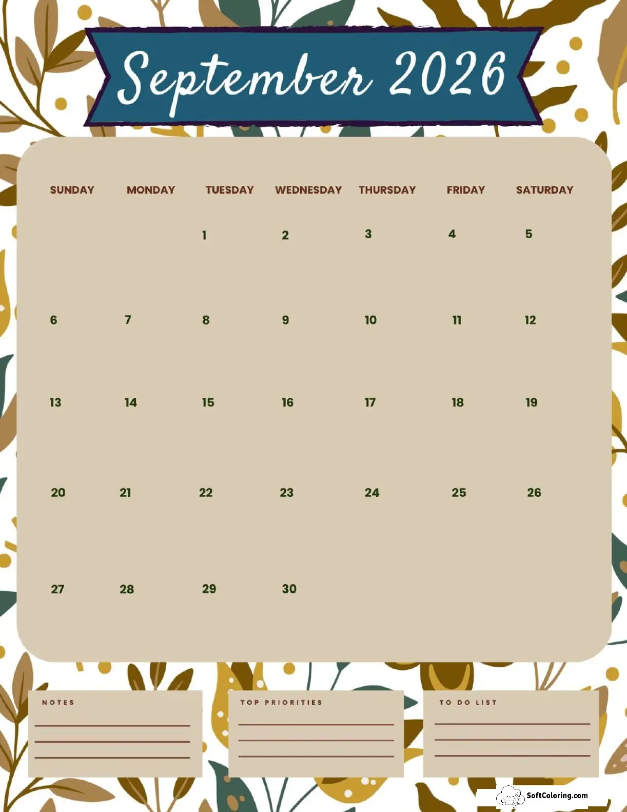 September 2026 Calendar Printable Earthy Portrait V2
