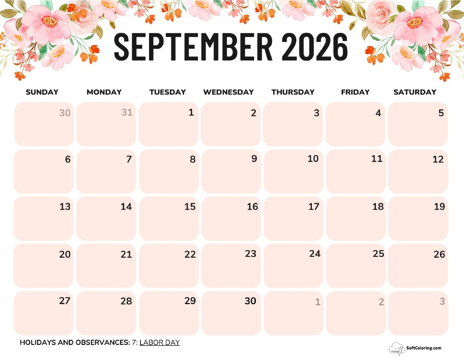 September 2026 Calendar Printable Flowers Landscape V2