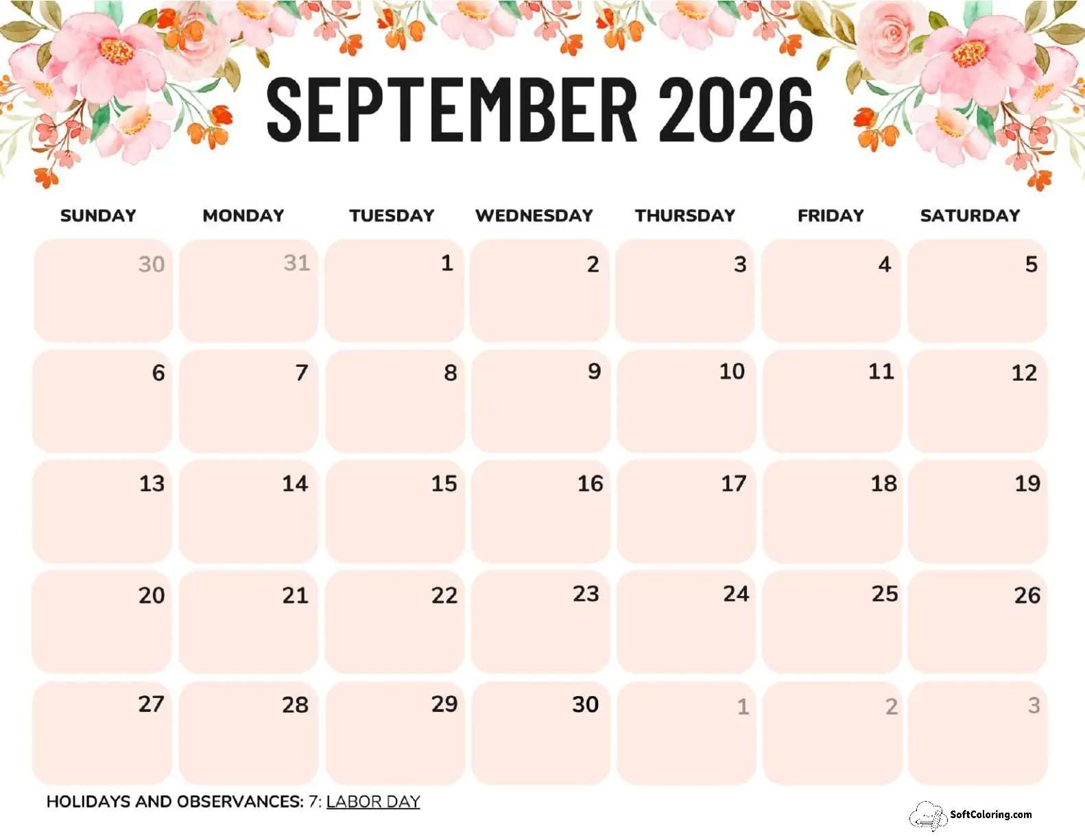 September 2026 Calendar Printable Flowers Landscape V2