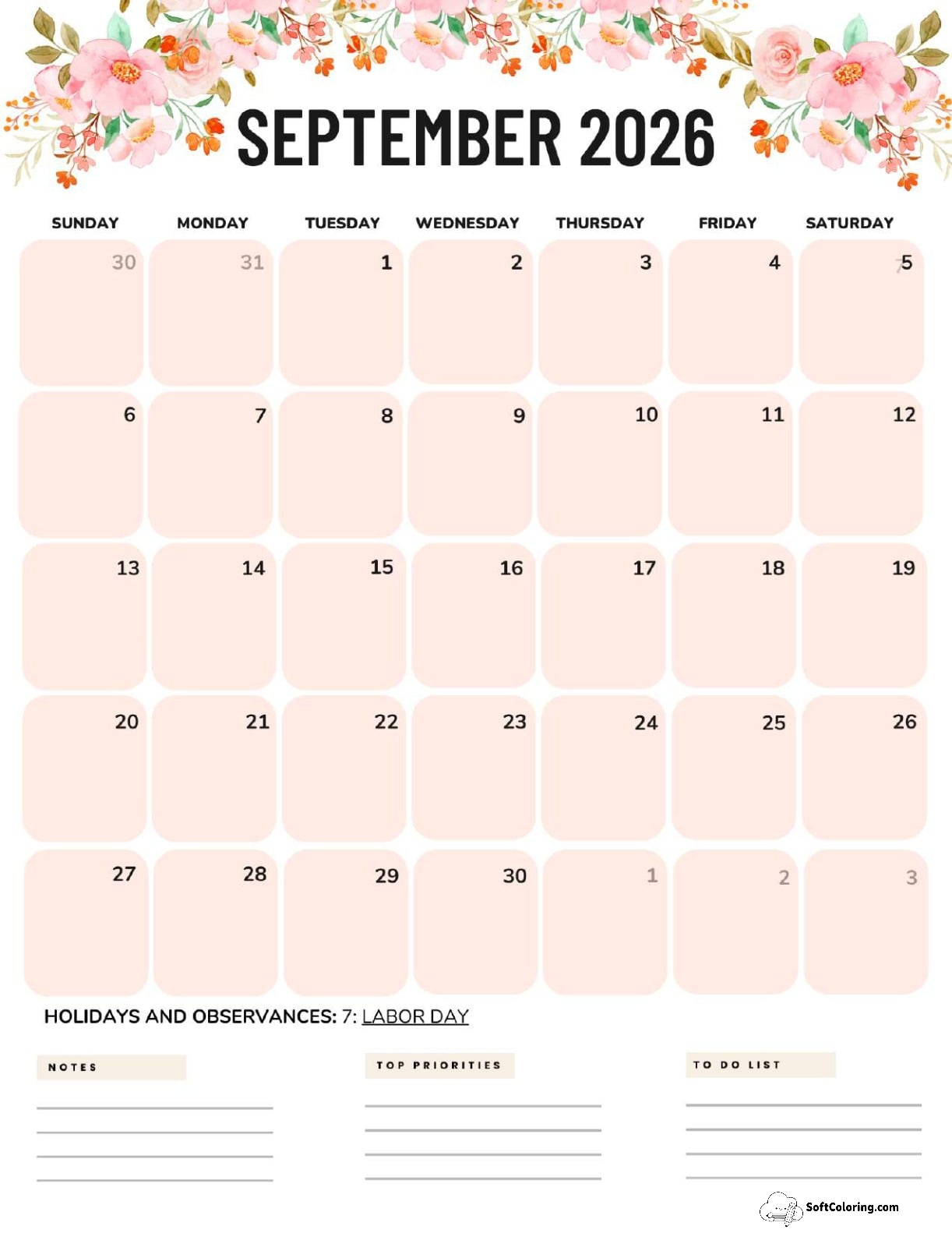 September 2026 Calendar Printable Flowers Portrait V2