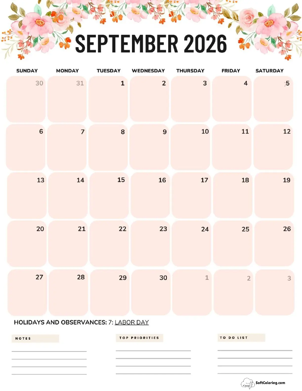 September 2026 Calendar Printable Flowers Portrait V2