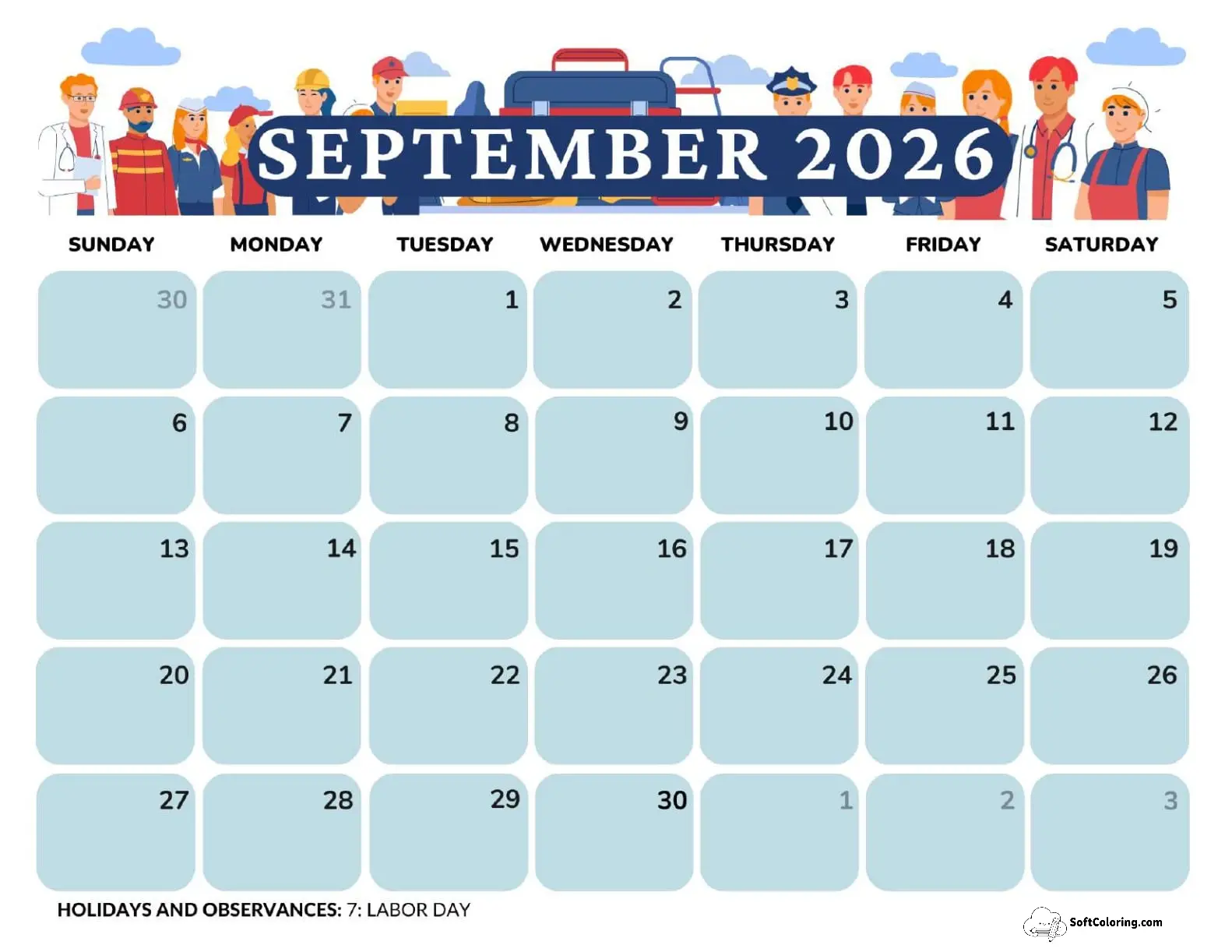 September 2026 Calendar Printable Labor Day 3 Landscape V2