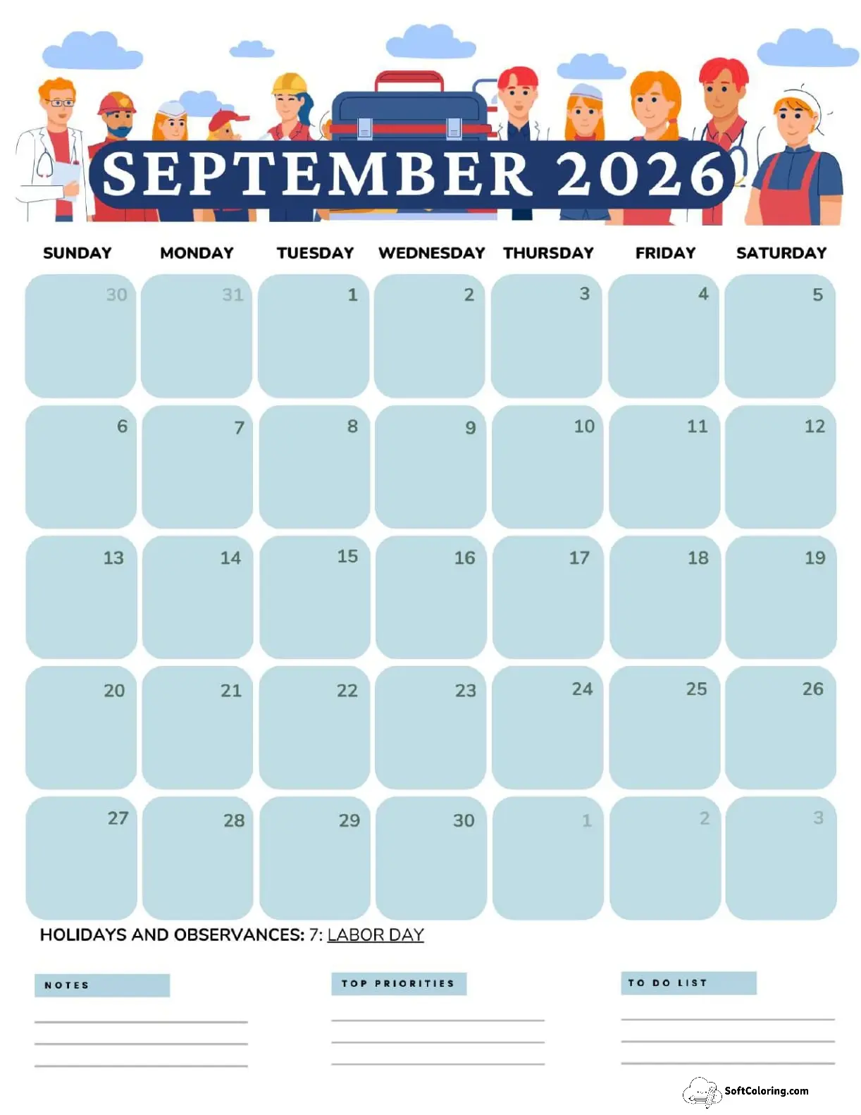 September 2026 Calendar Printable Labor Day 3 Portrait V2