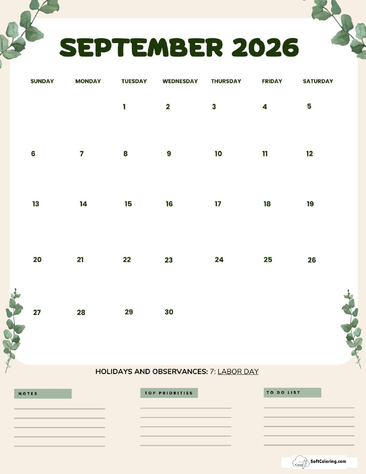 September 2026 Calendar Printable Leaves Portrait V2