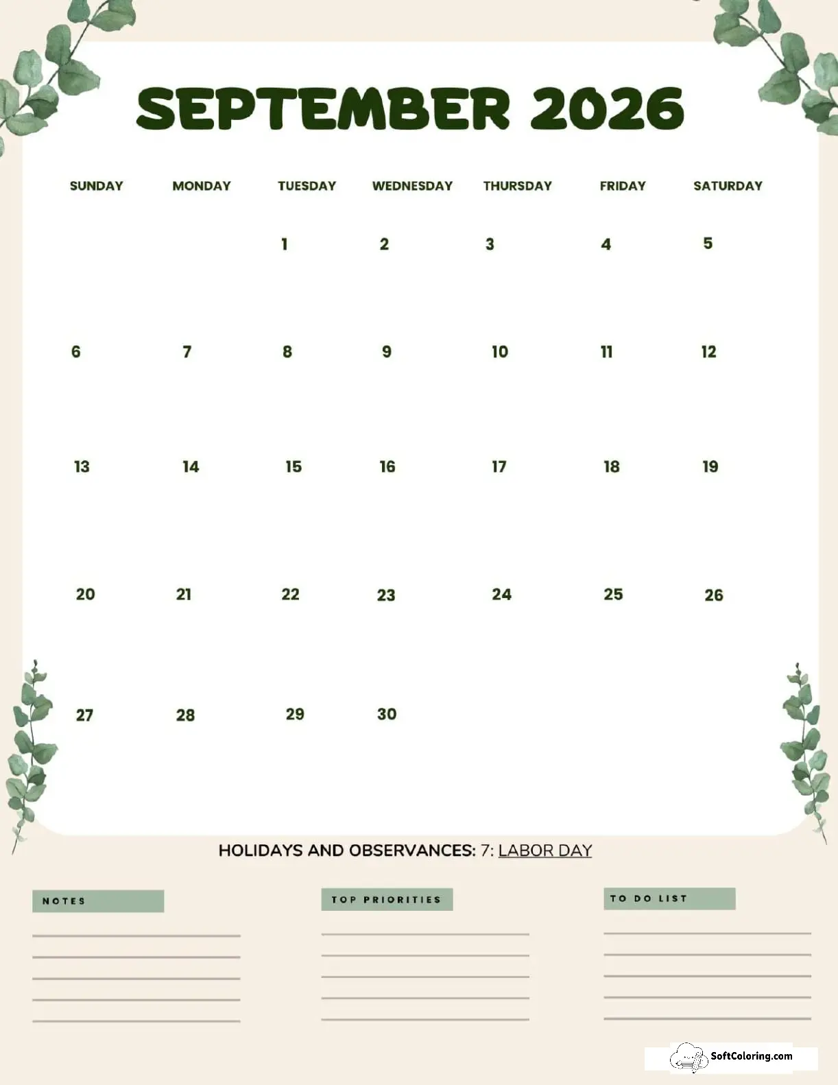 September 2026 Calendar Printable Leaves Portrait V2