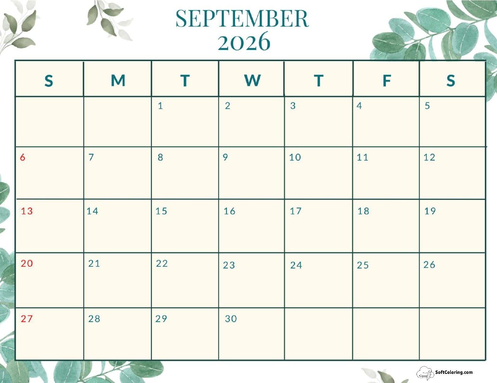 September 2026 Calendar Printable Nature Landscape V2