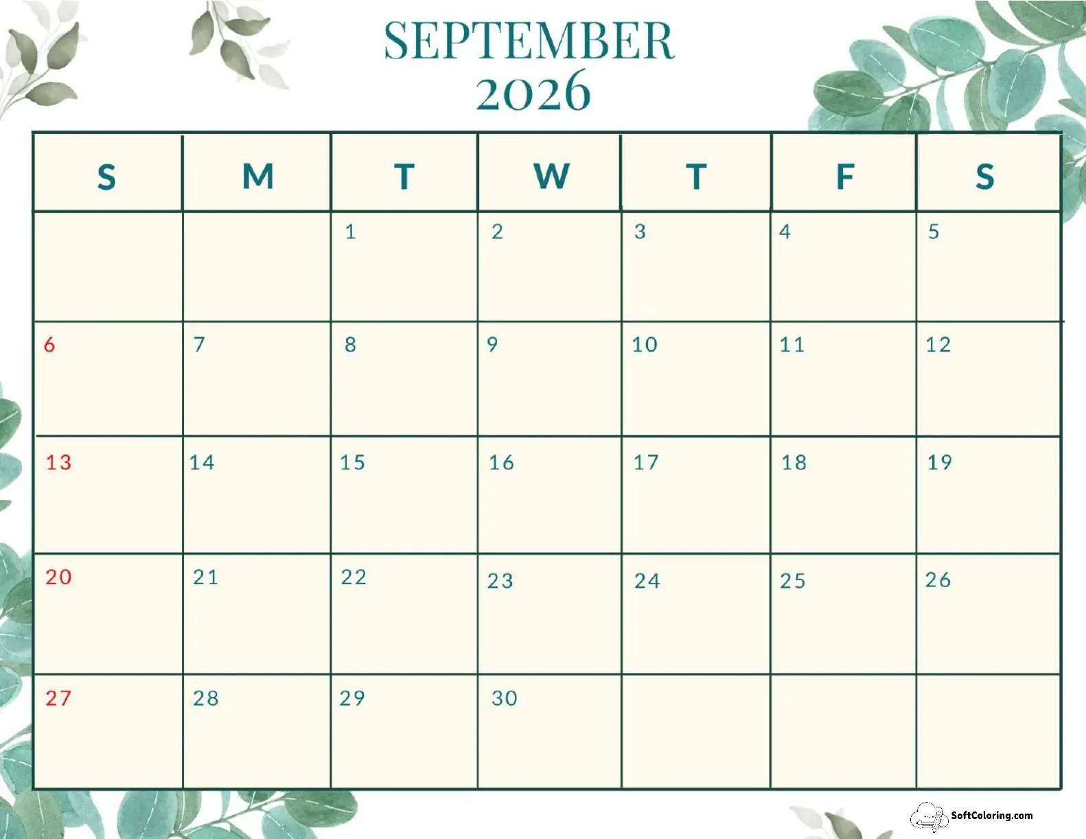 September 2026 Calendar Printable Nature Landscape V2