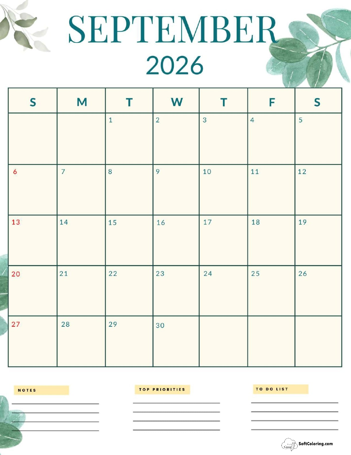 September 2026 Calendar Printable Nature Portrait V2