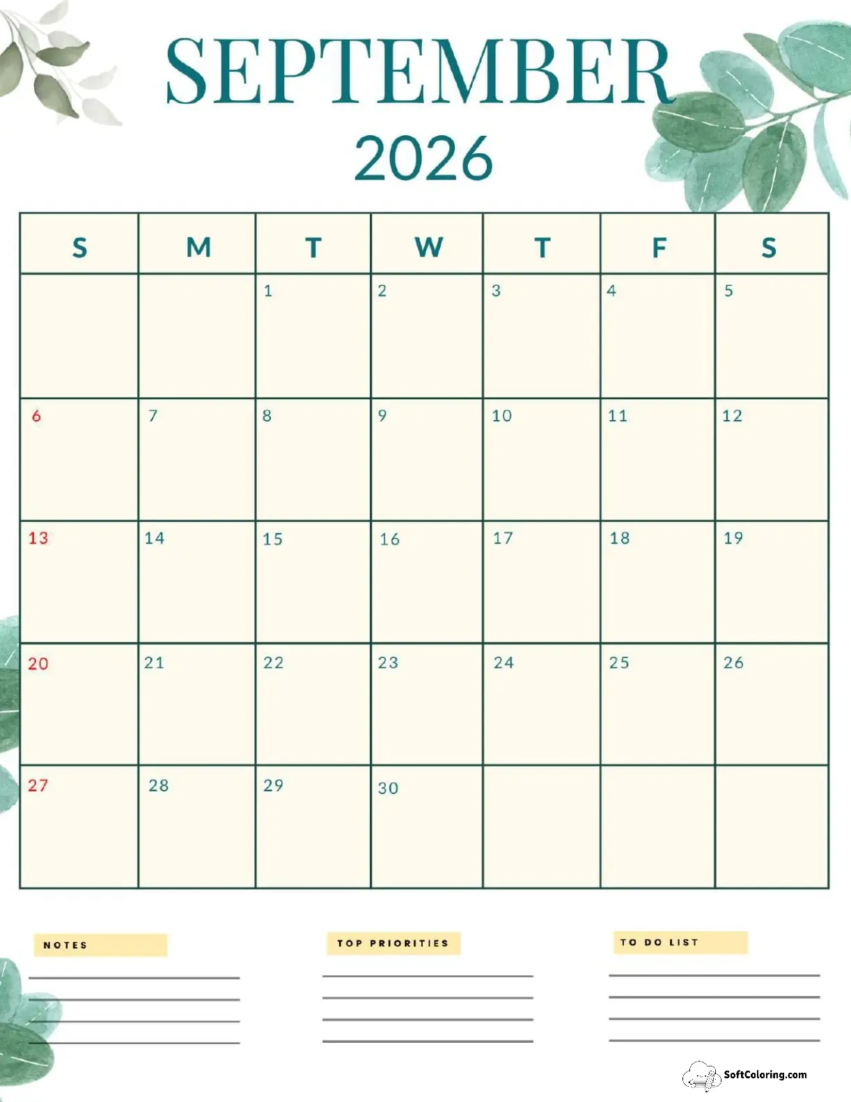 September 2026 Calendar Printable Nature Portrait V2