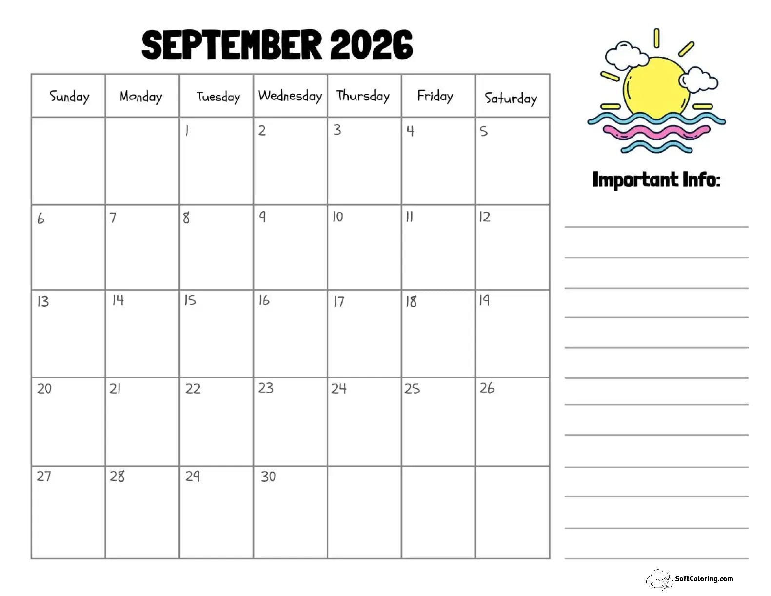 September 2026 Calendar Printable Sun Landscape V2