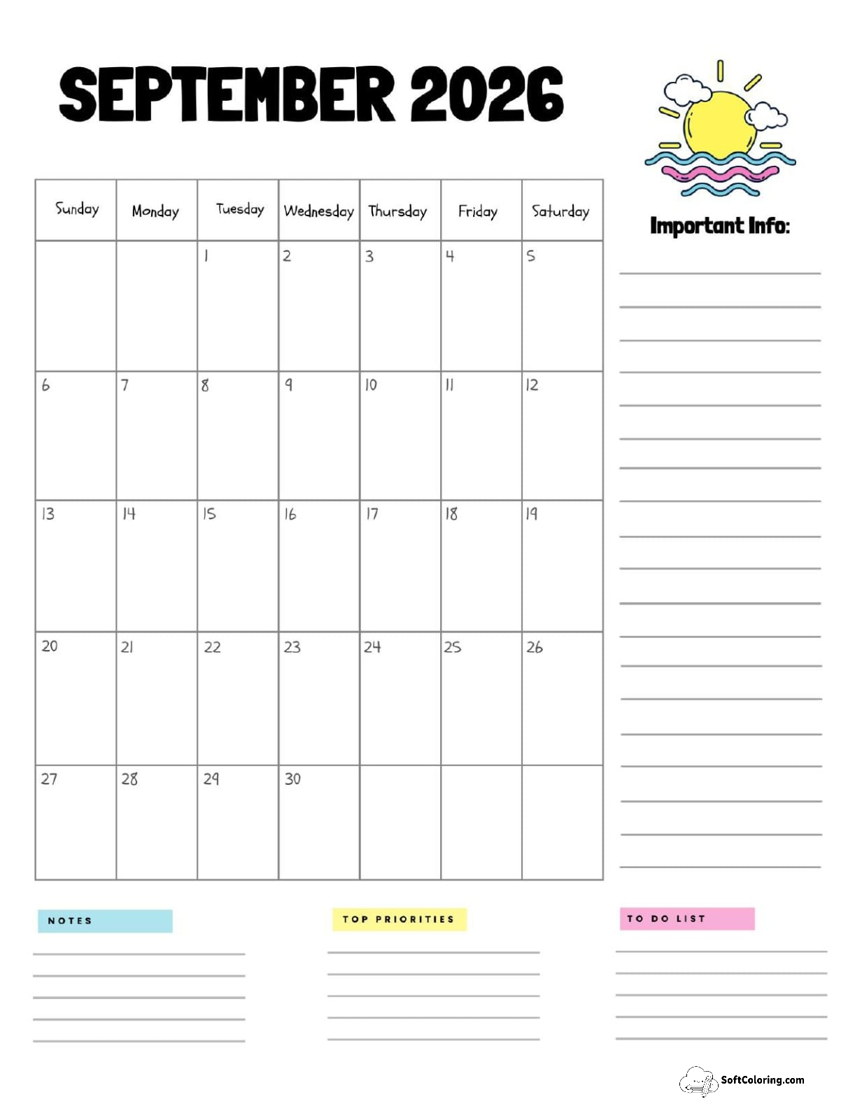 September 2026 Calendar Printable Sun Portrait V2