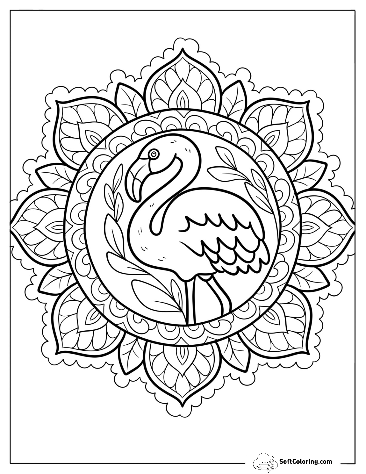 Serene Flamingo And Leaves Mandala Coloring Sheet
