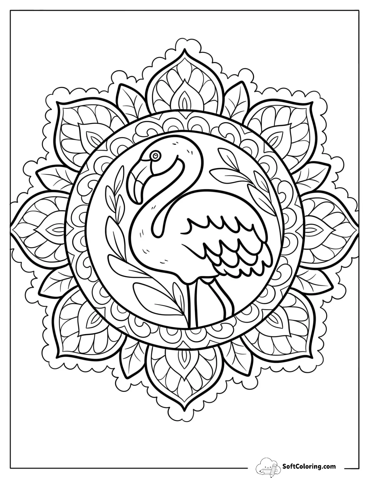 Serene Flamingo And Leaves Mandala Coloring Sheet