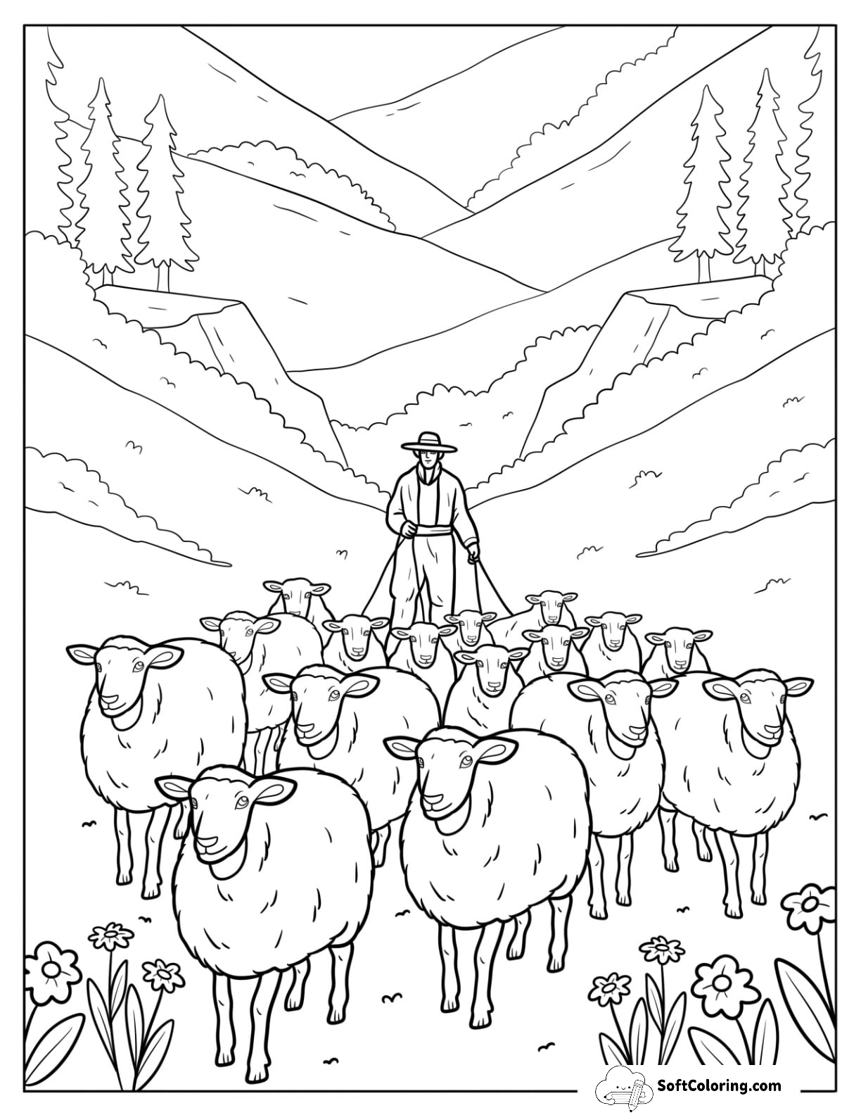 Shepherd Leading A Flock Of Sheep Coloring Page Through Mountain Fields