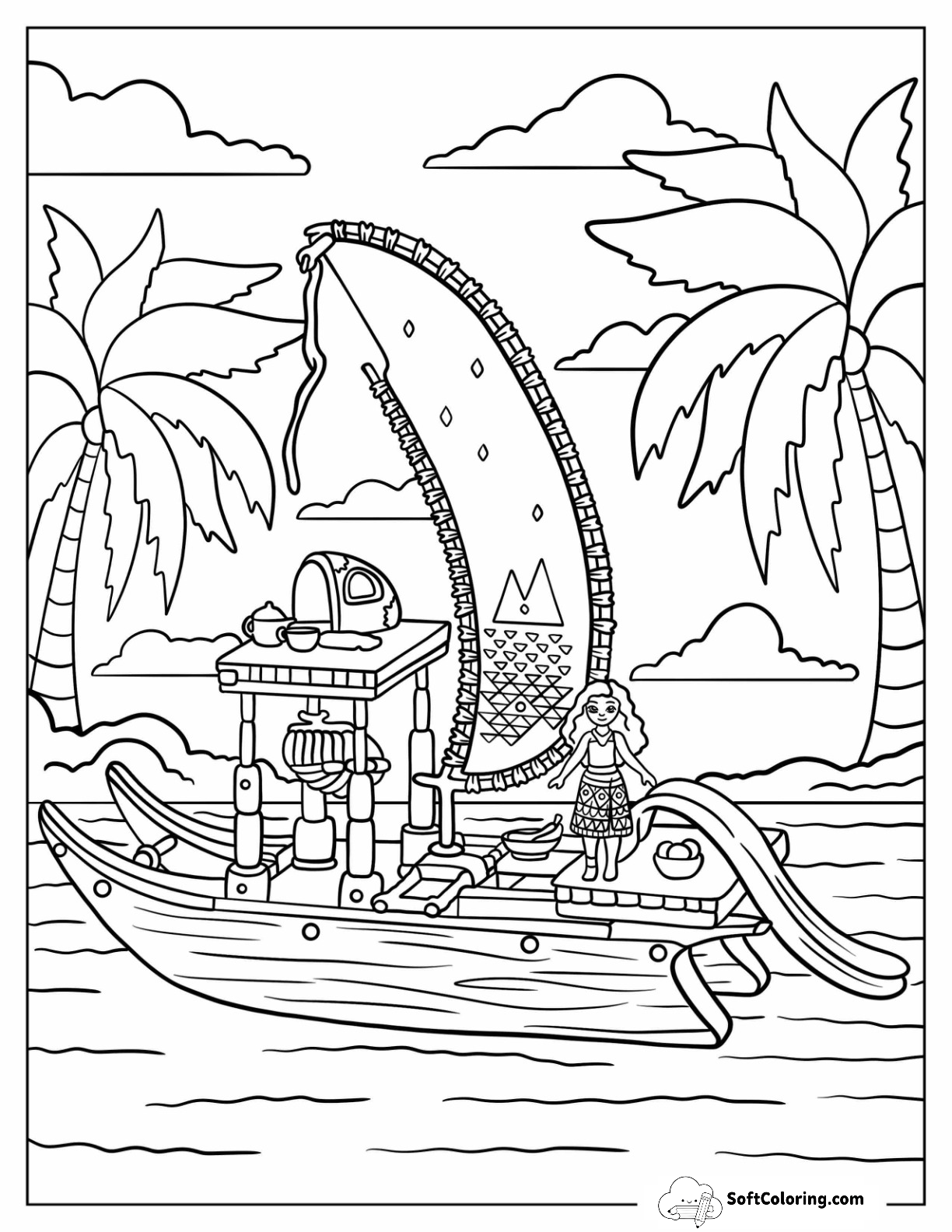 Ship Model With Toy Moana Coloring Page On The Deck