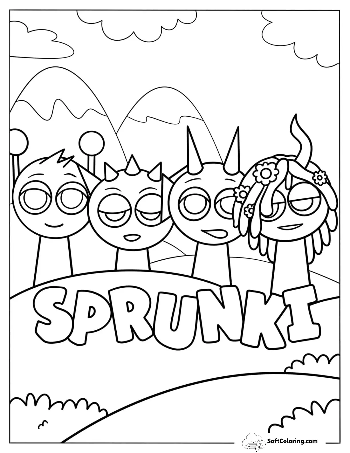 Sprunki Coloring Page Of Simon, Raddy, Durple, And Vineria For Kids