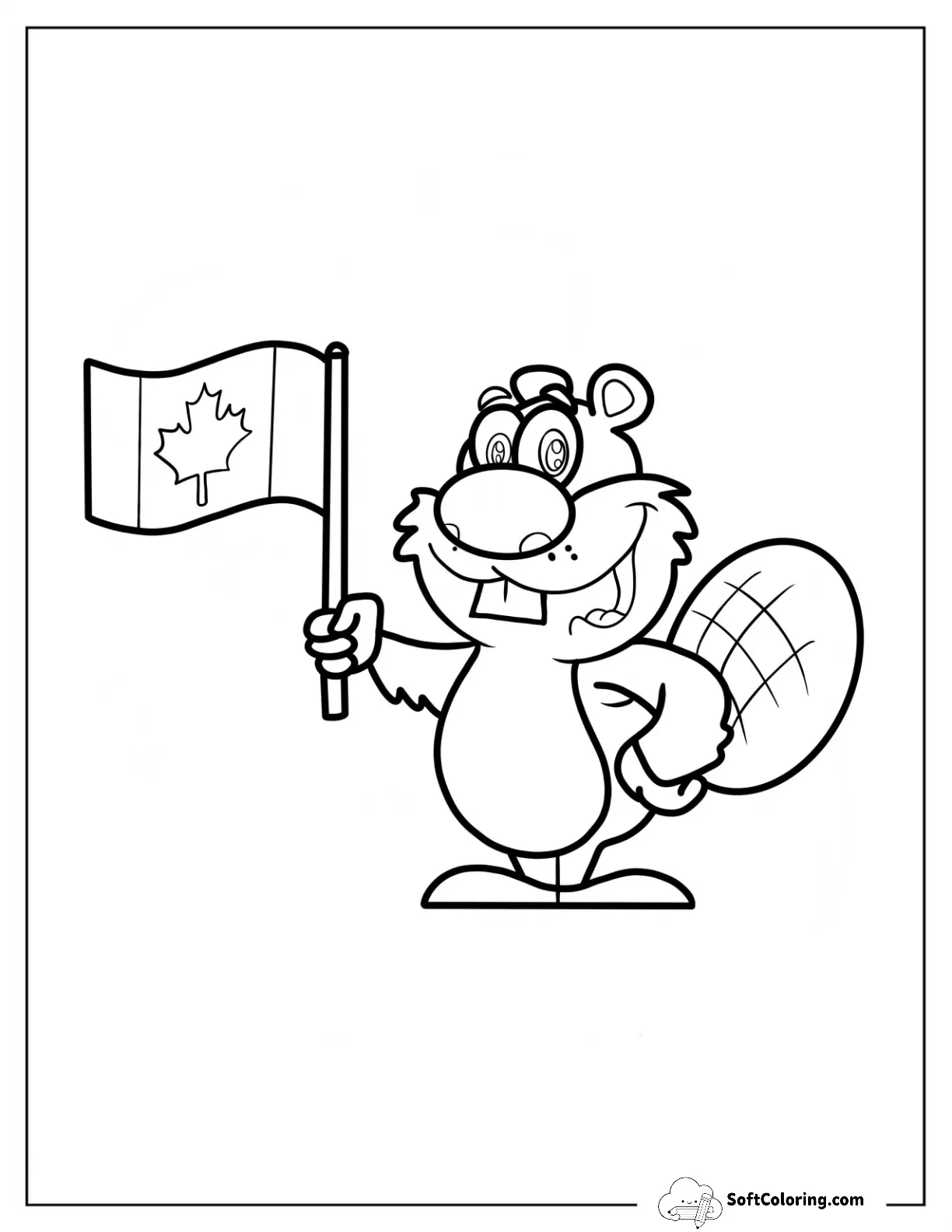 Simple Cartoon Beaver Mascot Holding Canadian Flag For Kids