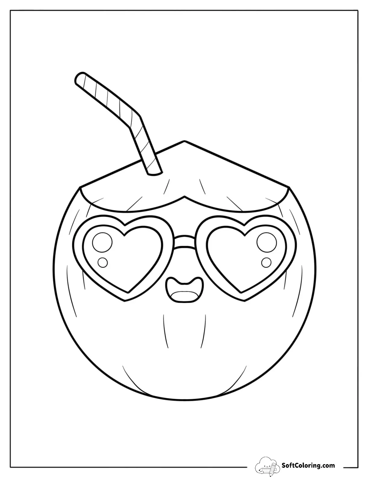 Simple Coconut With Love Heart Sunglasses Coloring Page