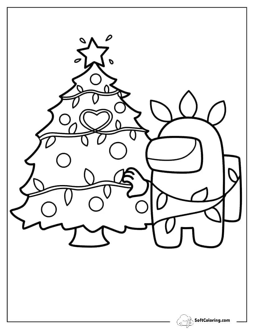 Simple Coloring Sheet Of Crewmate With Christmas Tree