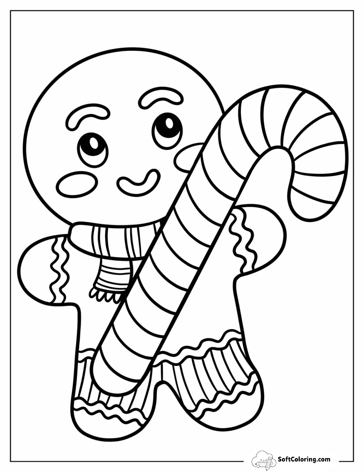Simple Gingerbread Man In Sweater With Large Candy Cane For Kids