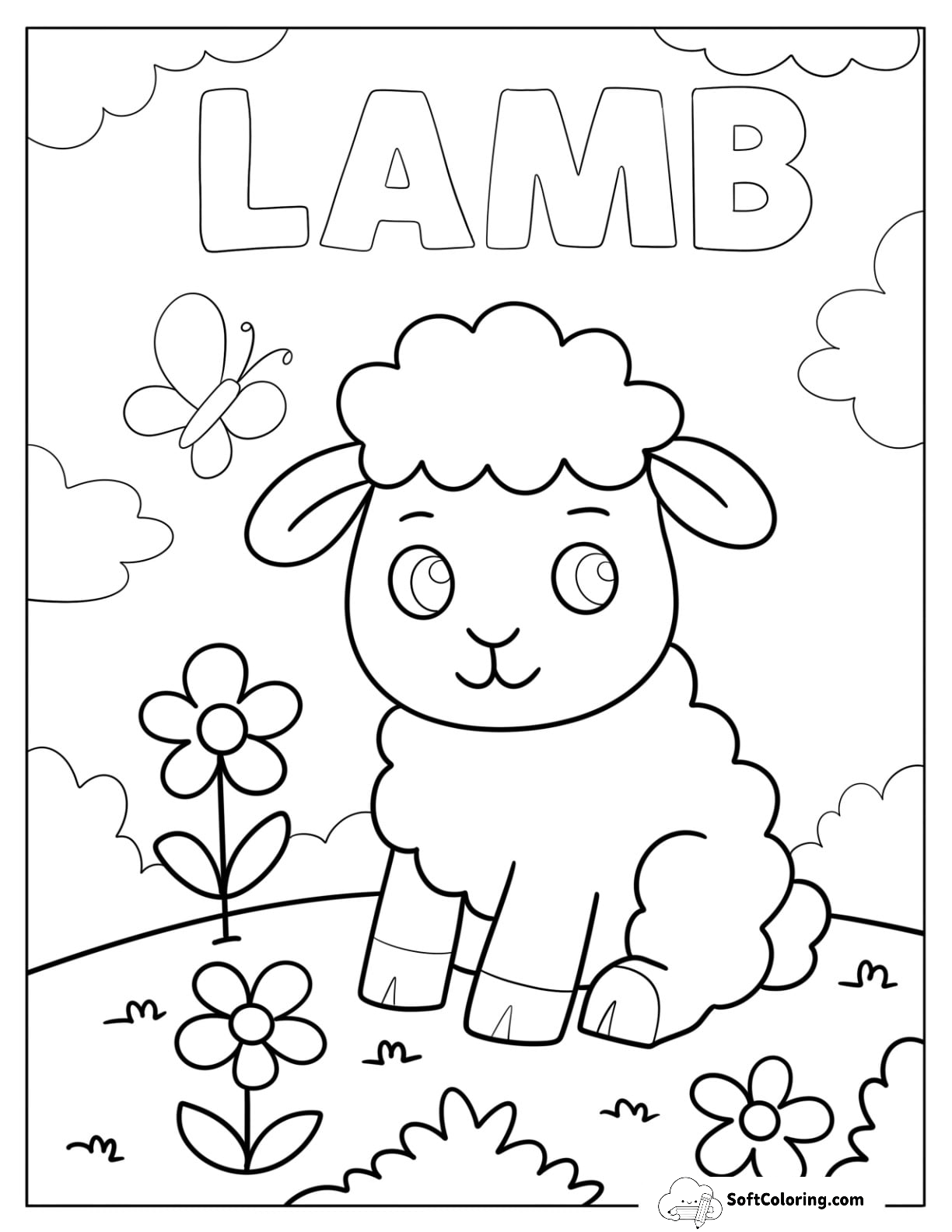Simple Sheep With Flowers And Butterfly For Preschoolers