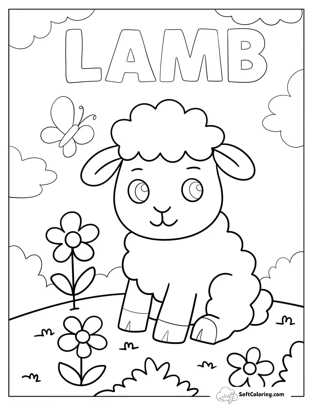 Simple Sheep With Flowers And Butterfly For Preschoolers