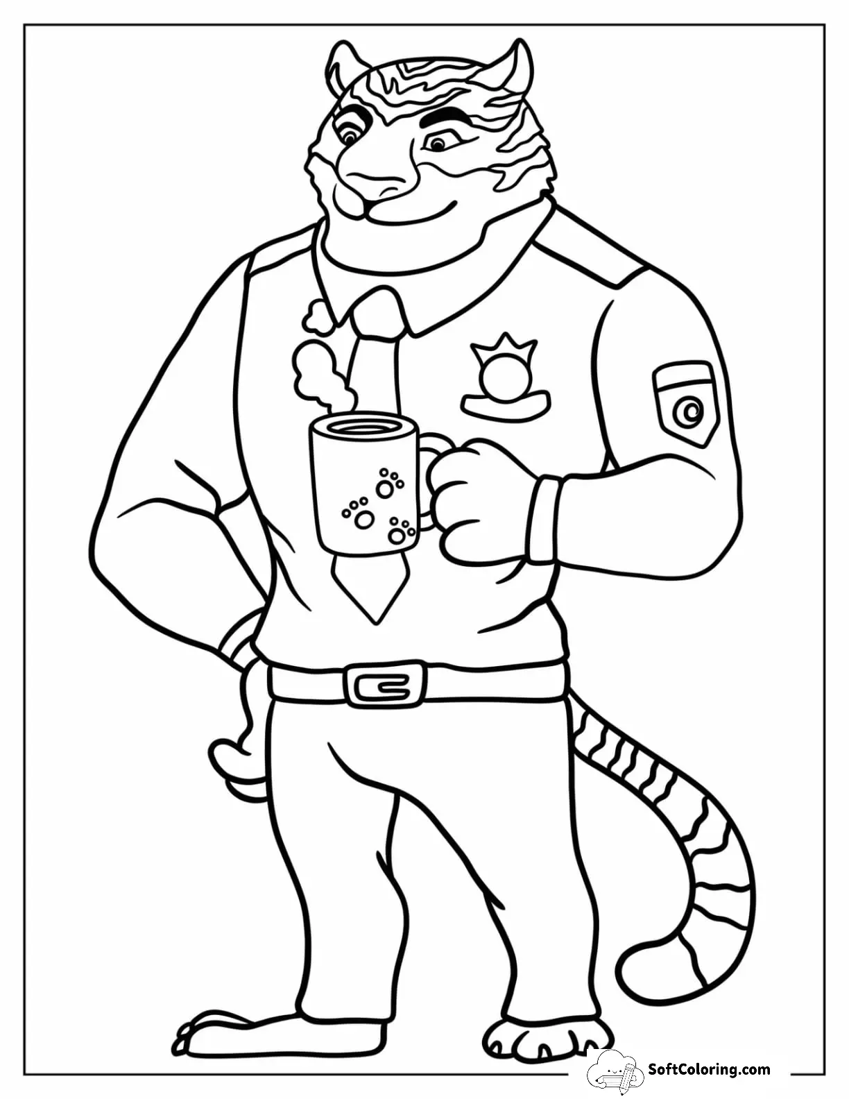 Zootopia Coloring Page Of Simple Officer Tiger Holding Mug Outline