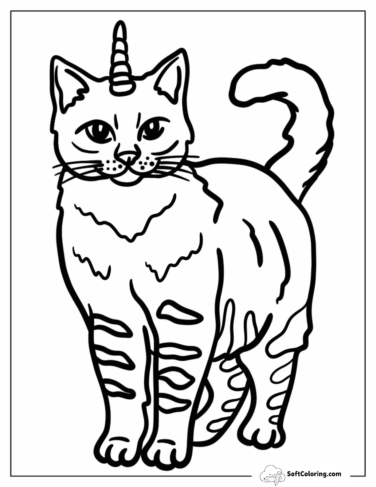 Simple Unicorn Cat Coloring Page With Stripes For Kids