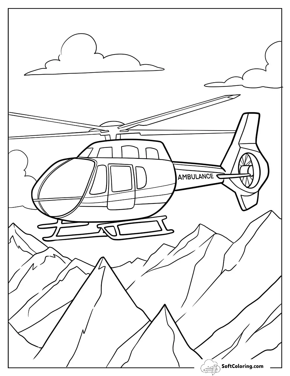 Sleek Medical Ambulance Helicopter Flying Over Mountain Peaks