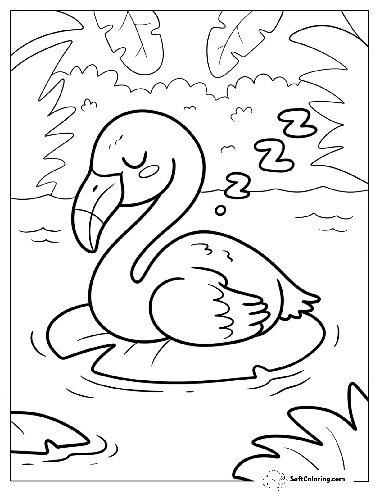 Sleeping Baby Flamingo On A Lily Pad Coloring Page For Kids